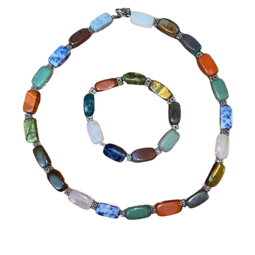 Mixed Multi-Gemstone Block Bead Necklace and Bracelet Set